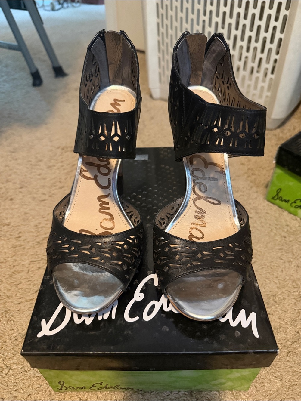 Sam Edelman Black Laser-Cut Open Toe Ankle Strap Heels